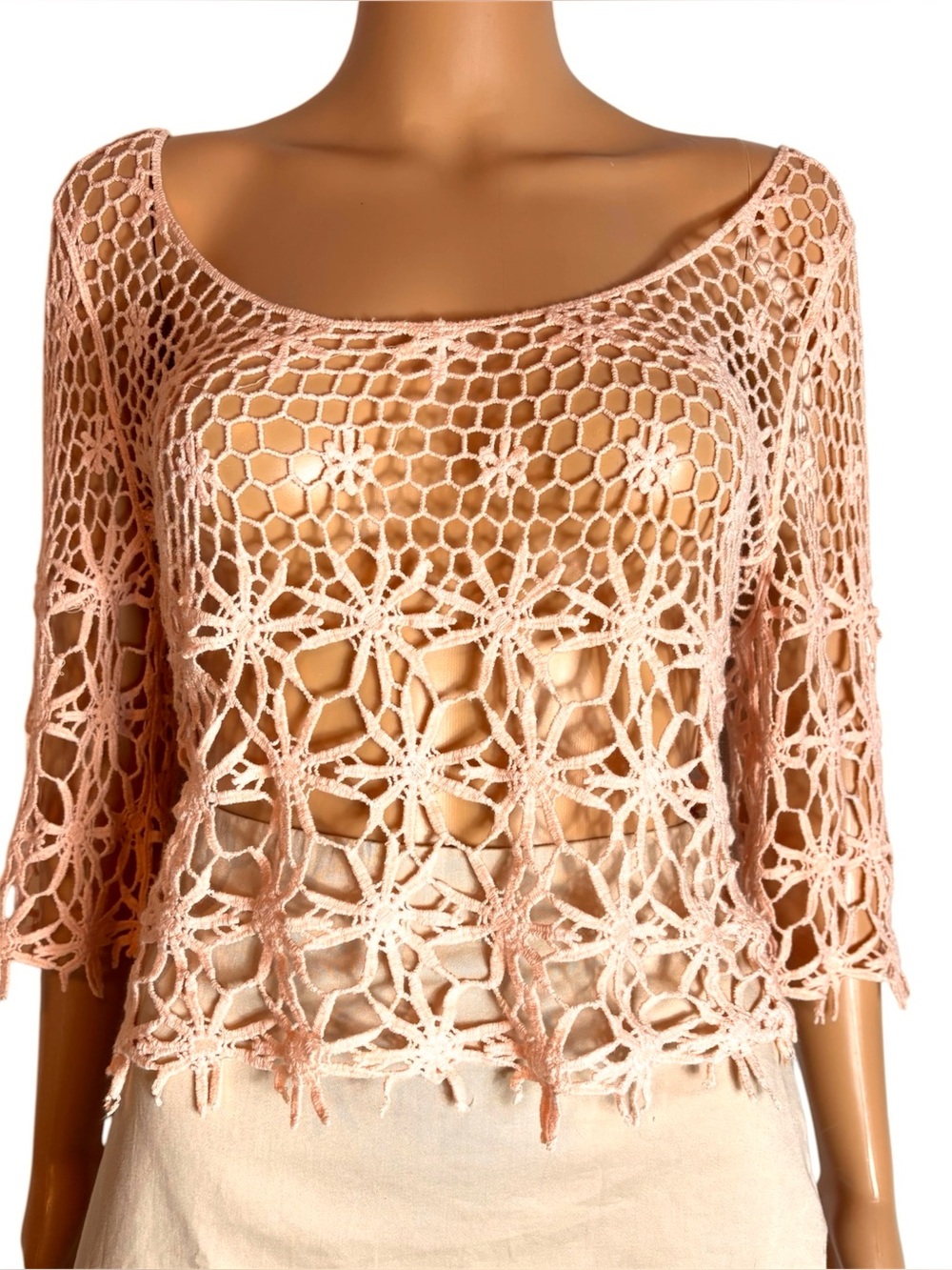 Coco Love Crochet Openwork Scoop-Neck Top in Light peachy pink size M/L